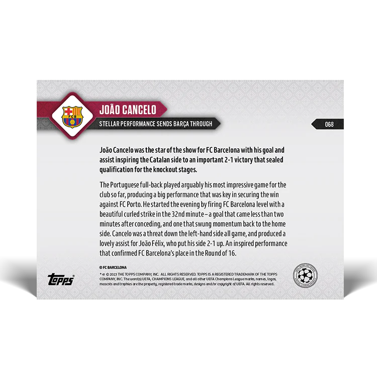 Topps UK - João Cancelo - Stellar performance sends Barça through - UCL TOPPS NOW® Card #68
