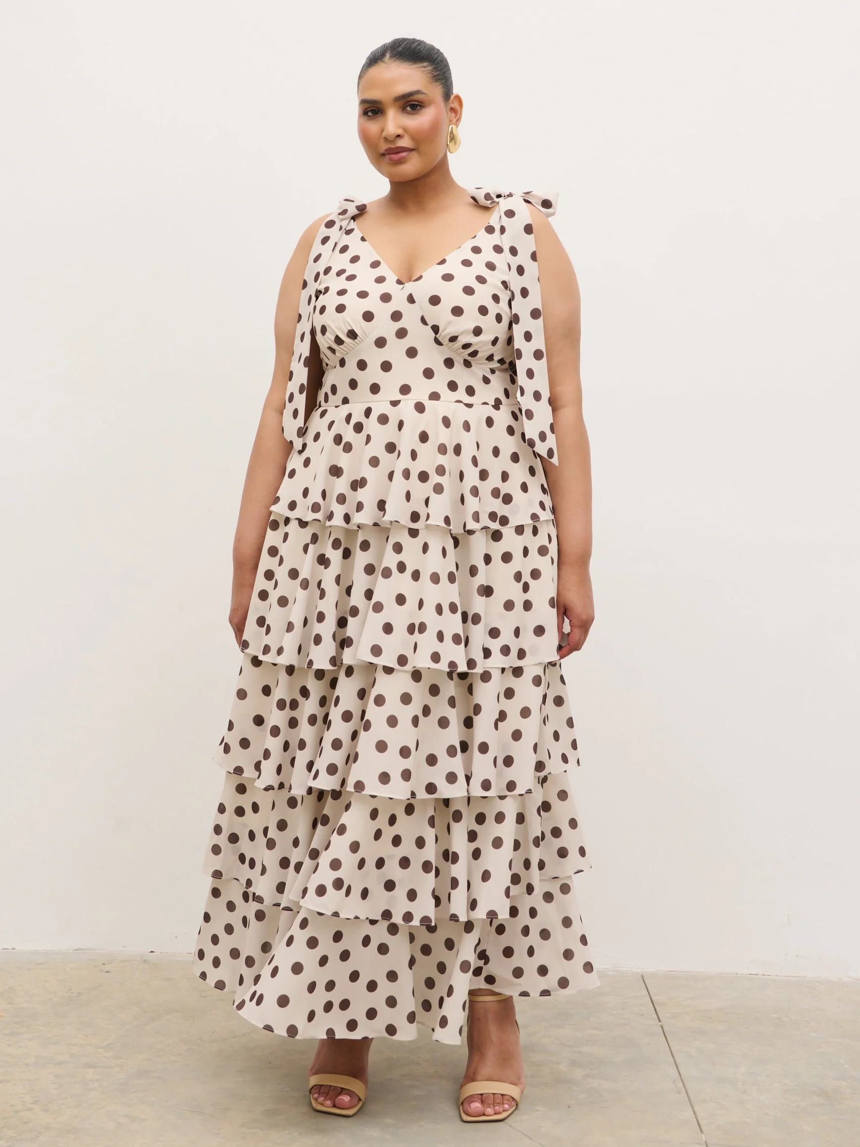 Fiore Tie Ruffle Maxi Dress Curve - Large Brown and Cream Polkadot