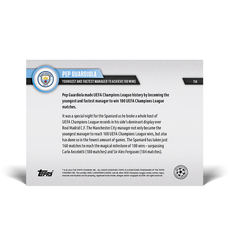 Topps UK - UEFA Champions League record: Youngest and fastest manager to achieve 100 wins - UCL TOPPS NOW® Card #114
