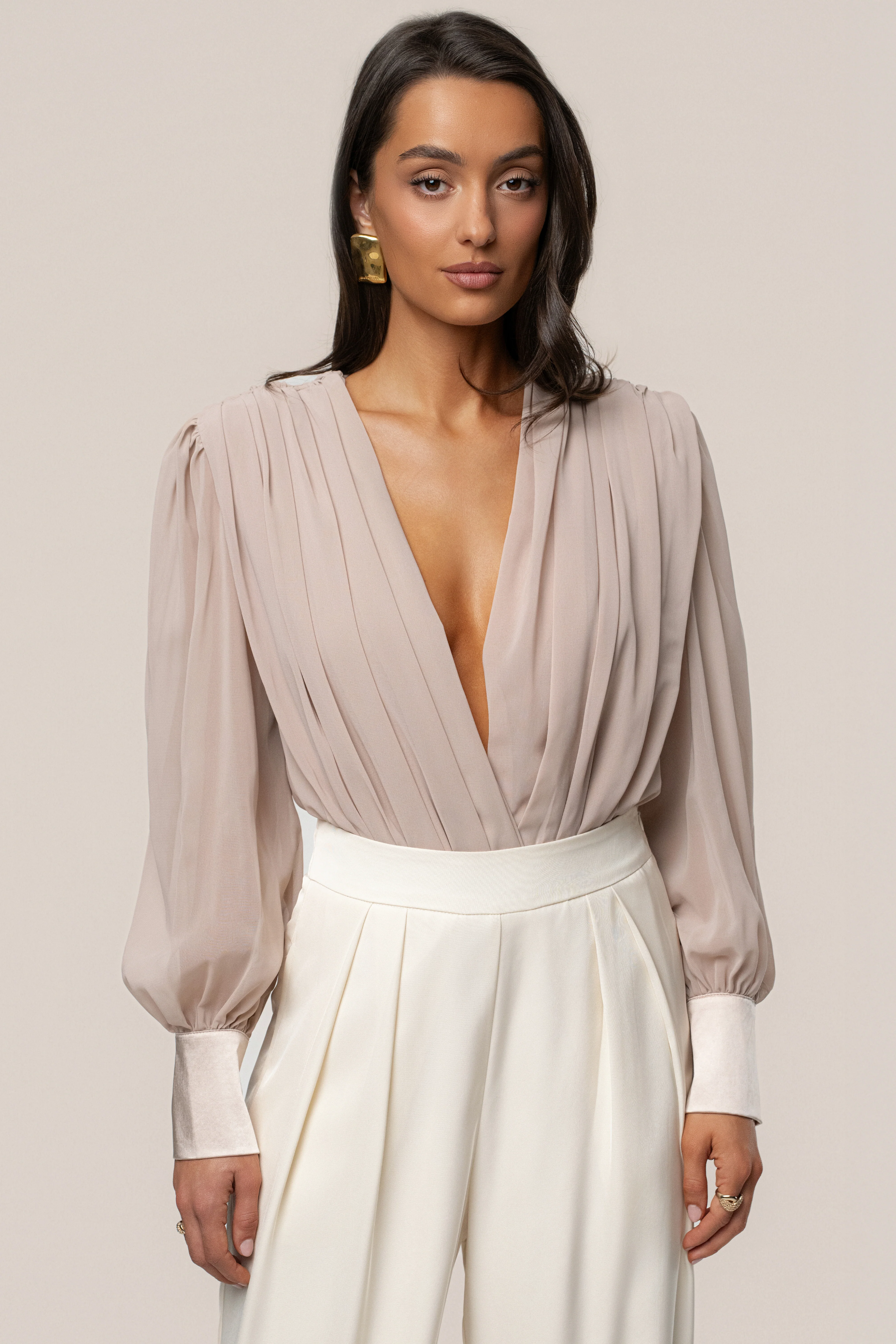 Beige Refined Pleated Chiffon Top