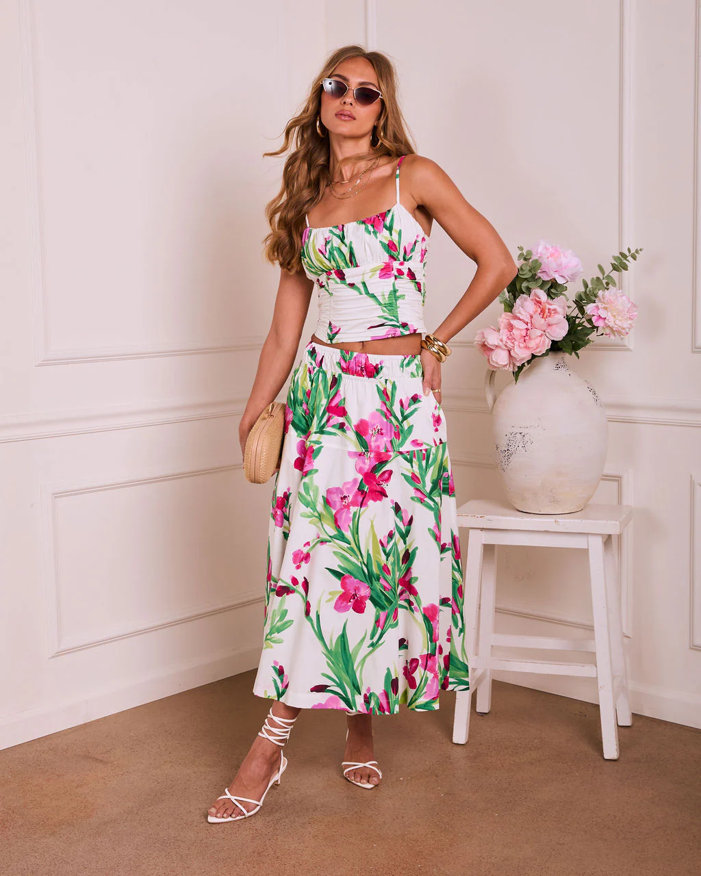 Fresh Gardenia Floral Midi Skirt