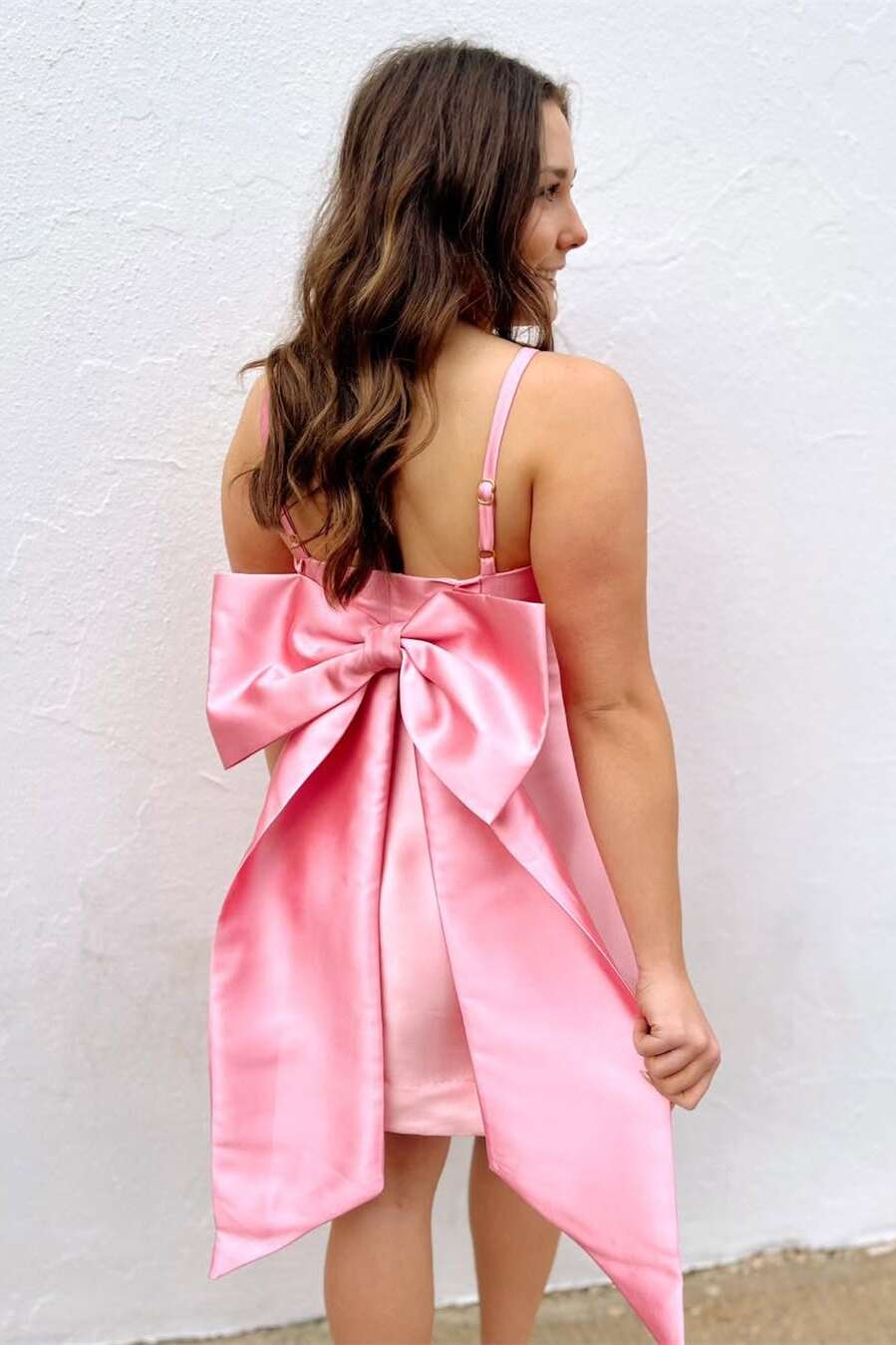 Straps Pink Back Bow A-line Short Dress