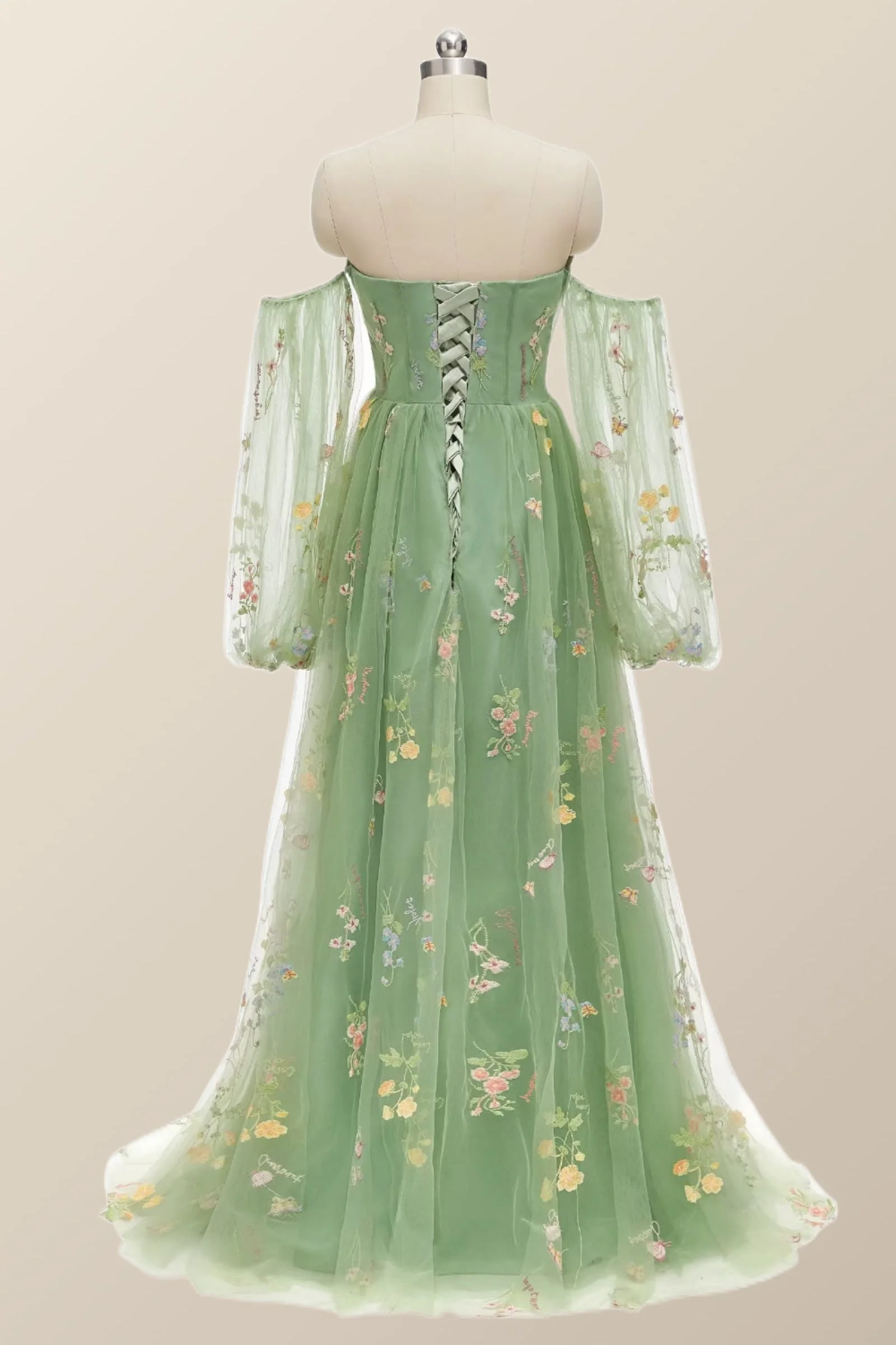 Puff Long Sleeves Green Floral Corset Long Formal Dress