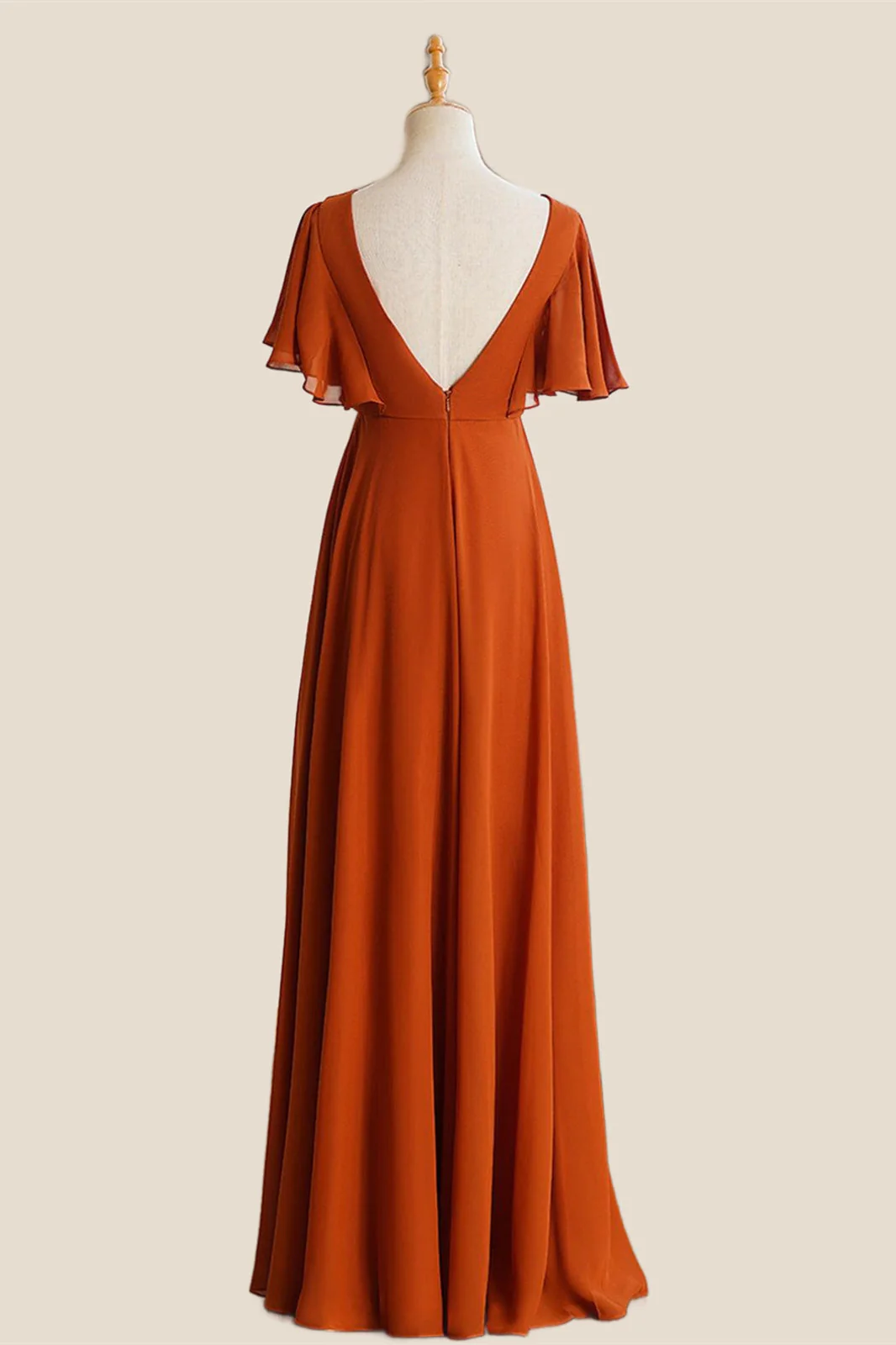Orange Chiffon Scoop Ruffle Sleeves A-line Long Bridesmaid Dress