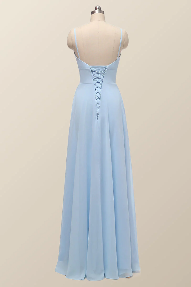 Straps Blue Empire Chiffon Long Bridesmaid Dress