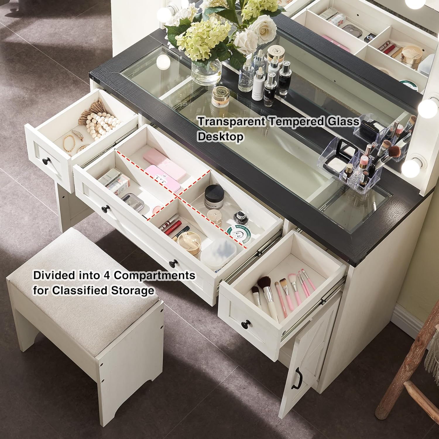 T4TREAM Farmhouse Makeup Vanity Table Set with Light Mirror, 3 Drawers Makeup Vanity with Storage and Adjustable Lighting Colors for Bedroom，White