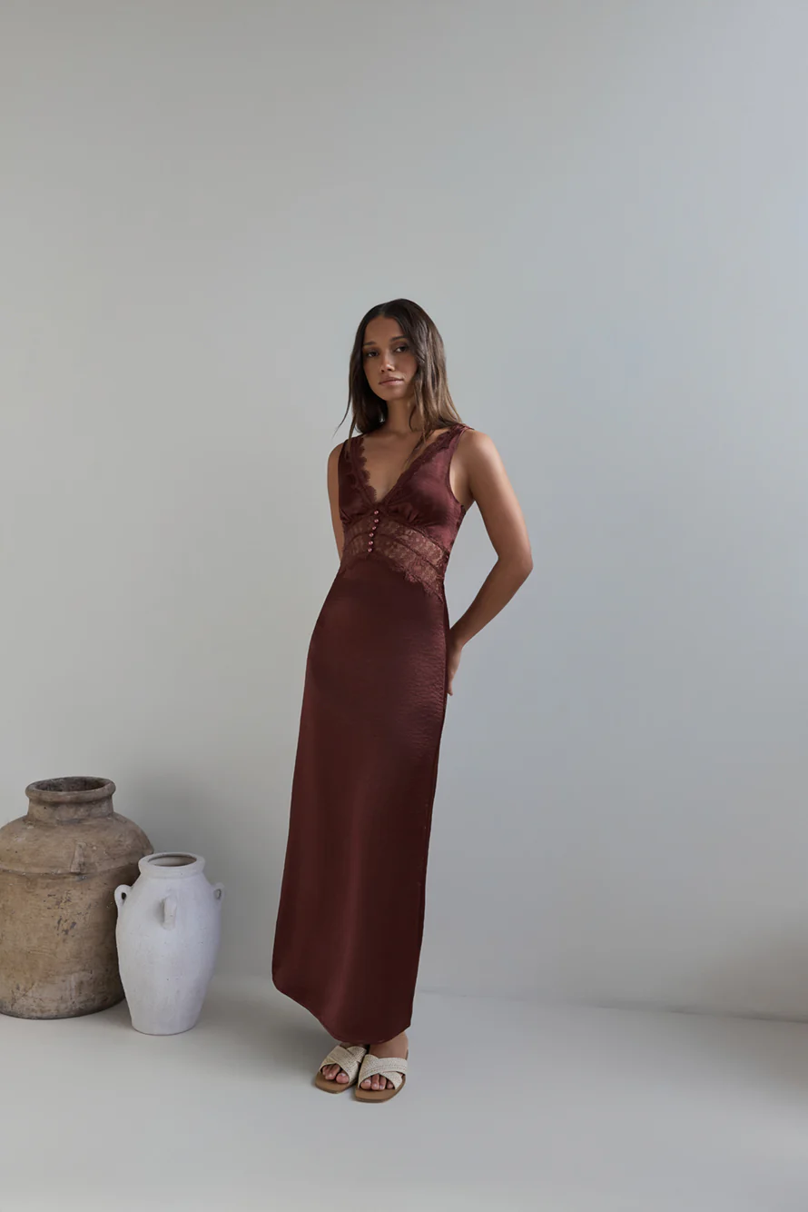 Romantic One Satin Maxi Dress Brown
