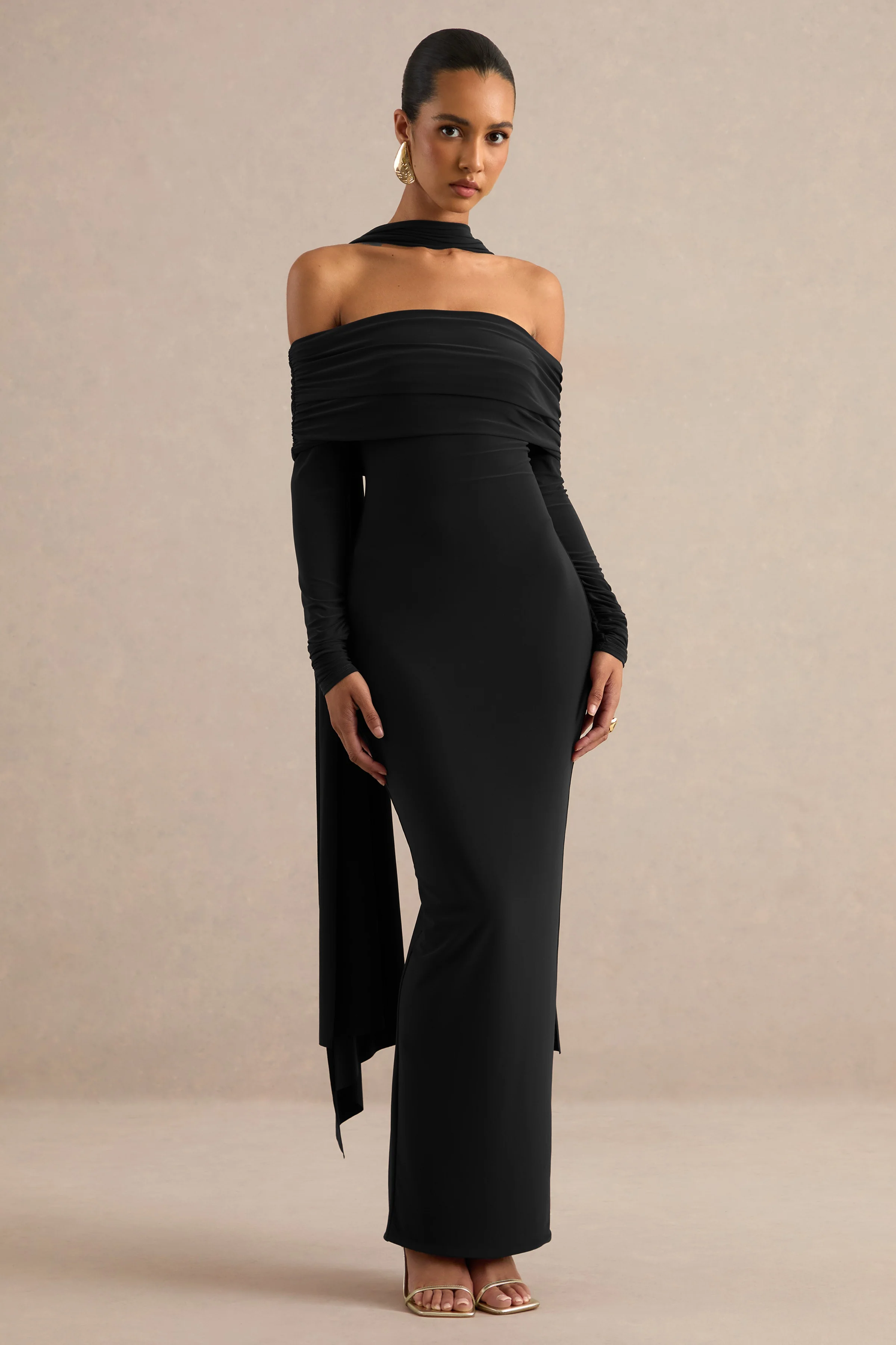 Julissa | Black Jersey Ruched Bardot Long Sleeve Maxi Dress With Scarf Detail And Split