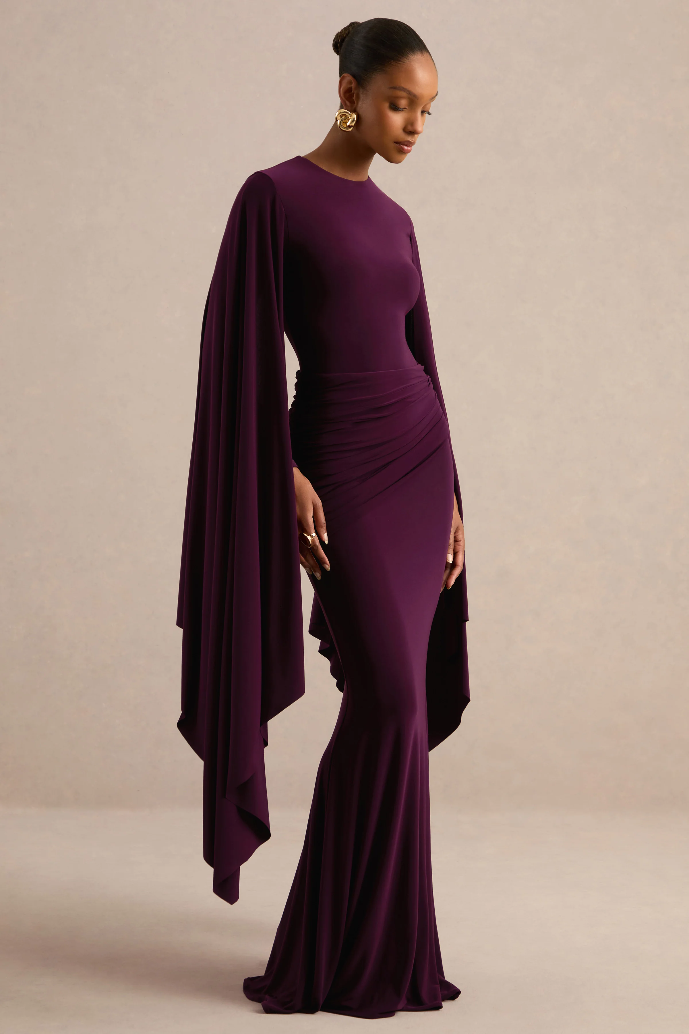 Sonaria | Purple Jersey Round Neck Long Sleeve Maxi Dress With Cape Sleeves And Draped Detailing