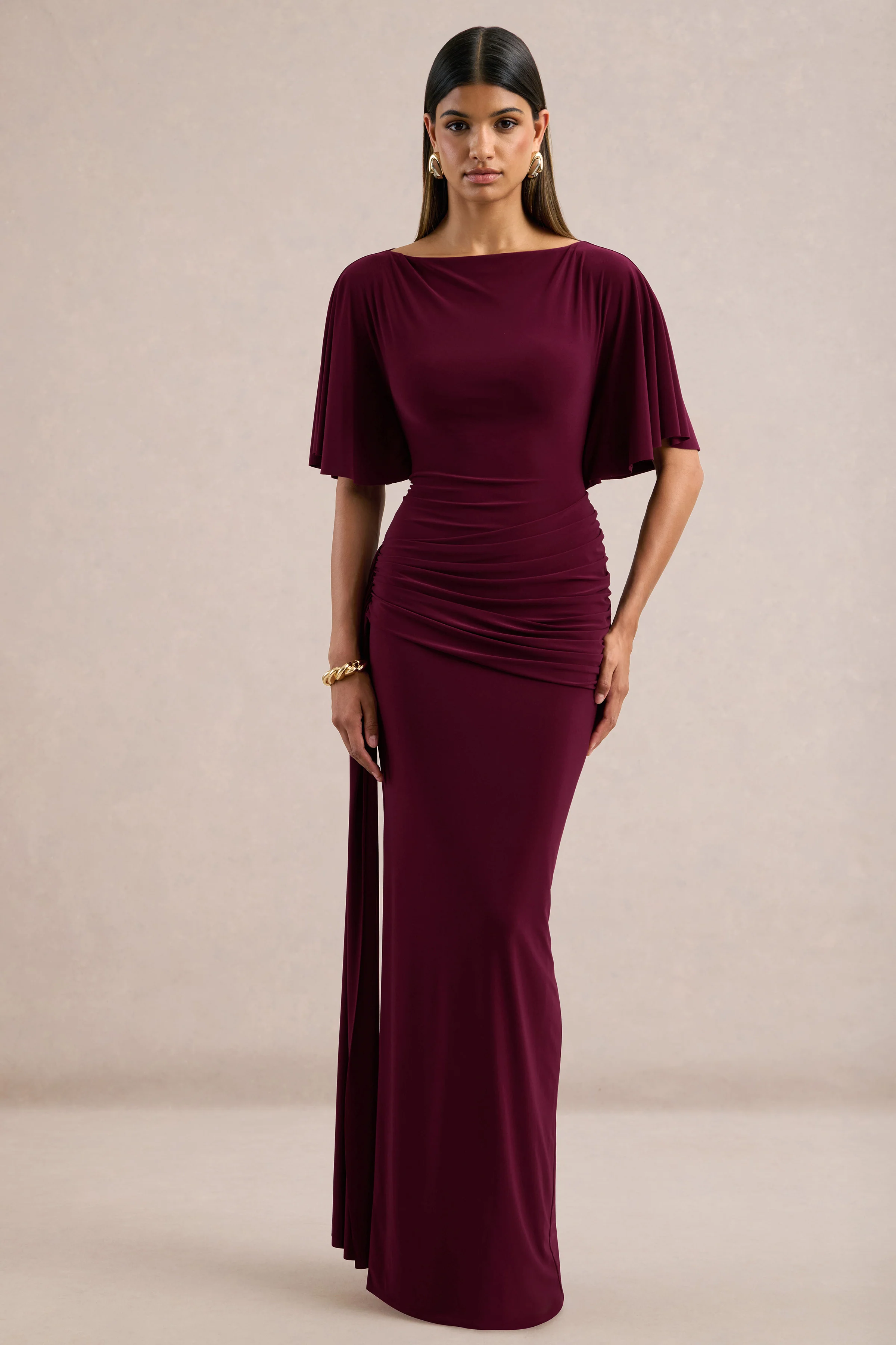 Emerelle | Burgundy Jersey Ruched Boat Neck Short Sleeve Maxi Dress With Sash And Split