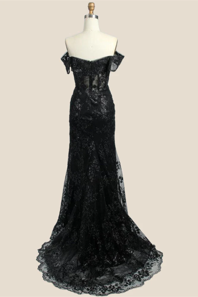 Off the Shoulder Black Lace Mermaid Long Prom Dress