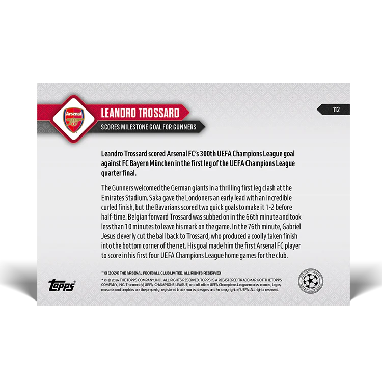 Leandro Trossard - Scores milestone goal for Gunners - 23/24 UCL TOPPS NOW® Card 112