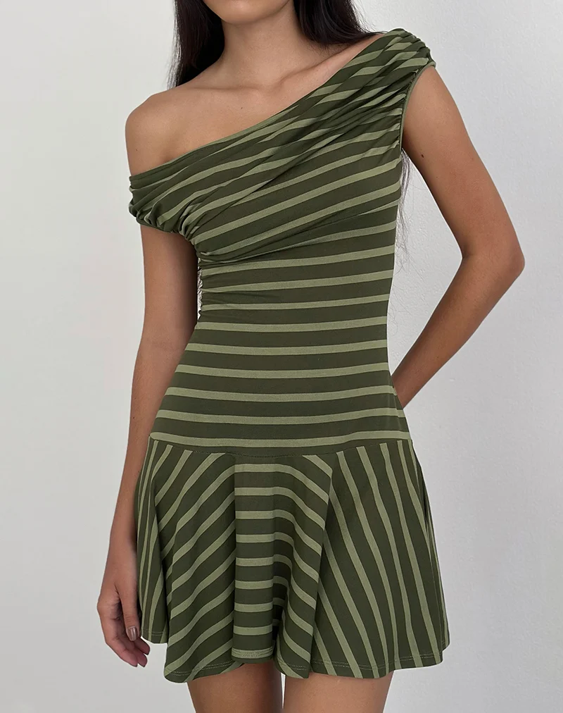 Mausari Mini Dress in Wide Stripe Green