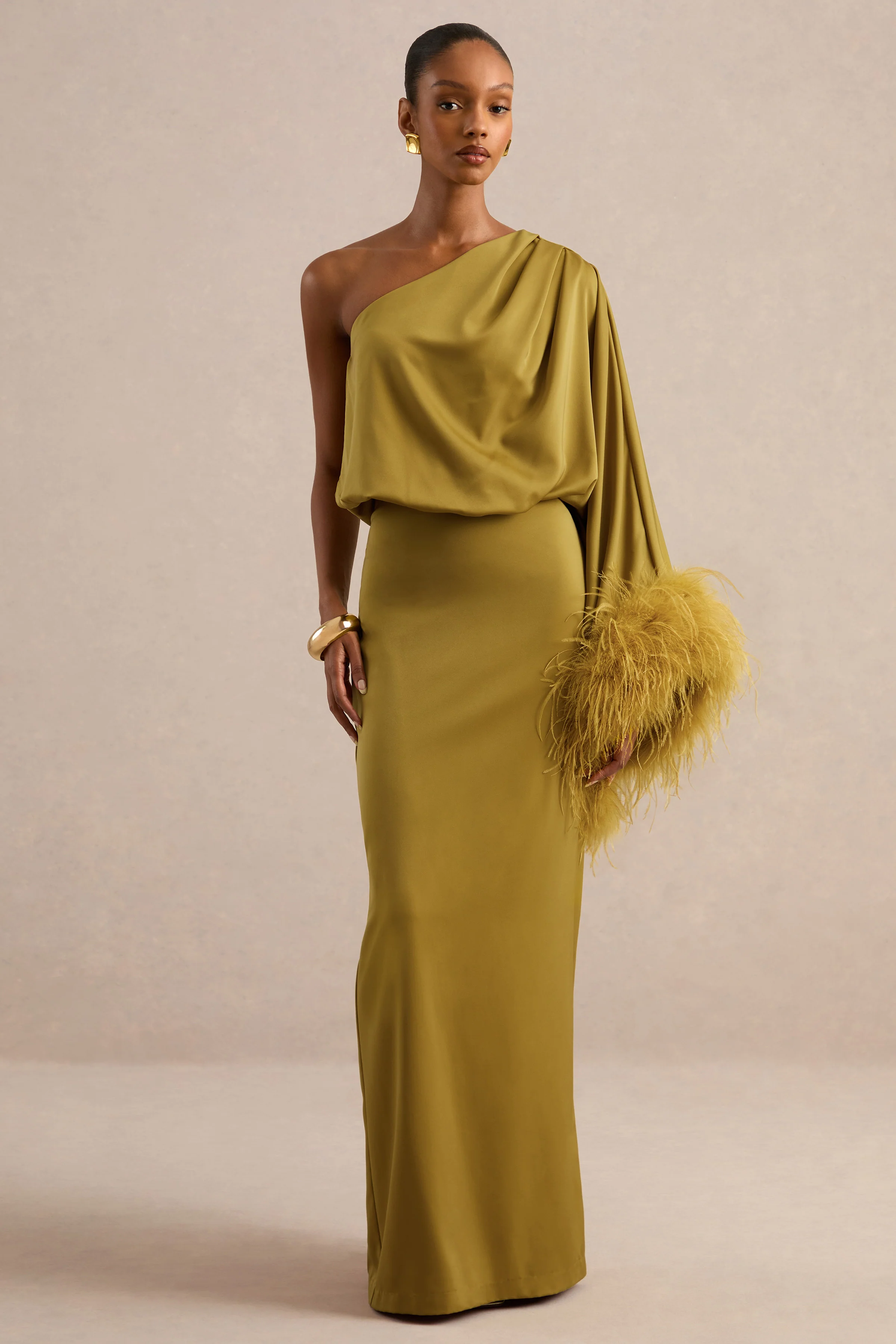 Felicity | Olive Satin Asymmetric-Neck Maxi Dress With Feather Detailing