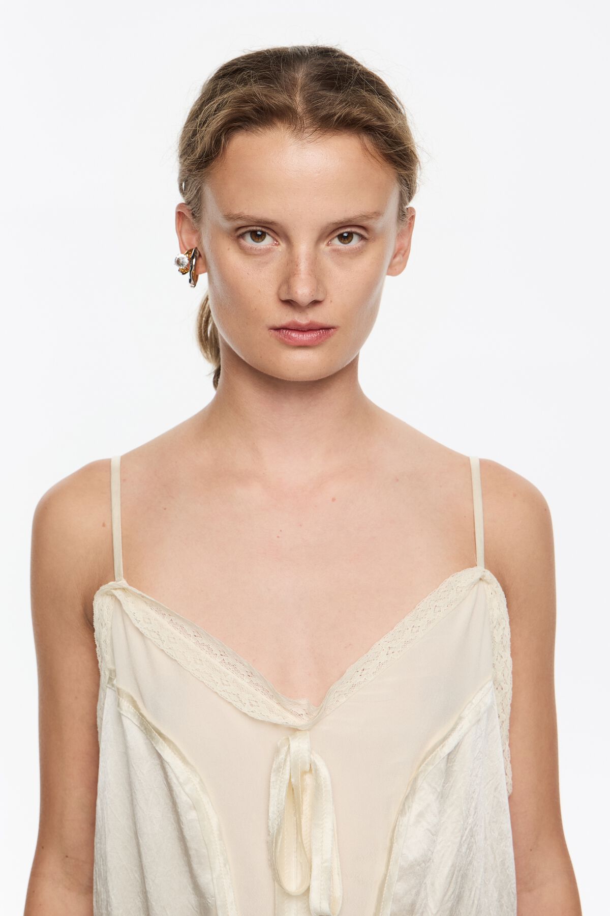 Beige mixed fabrics straight cut midi dress