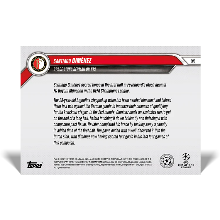 Santiago Giménez - Brace stuns German giants - 24/25 UCL Topps NOW® Card 82