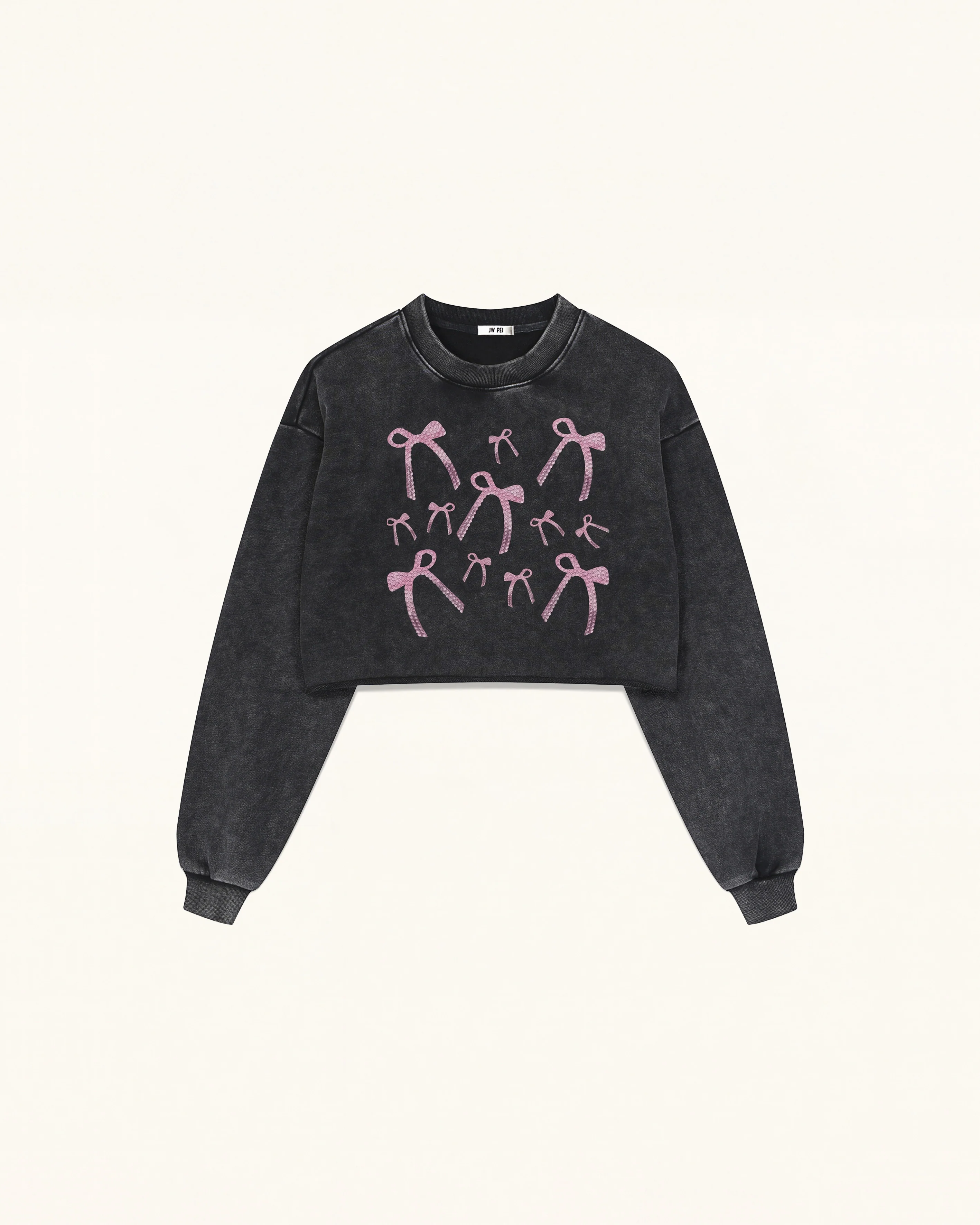Sparkling Pink Crystal Bow Cropped Sweatshirt - Black