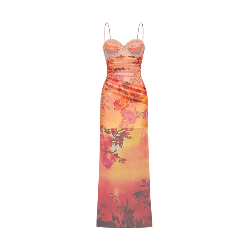 Floral Mesh Corset Slip Mermaid Maxi Dress