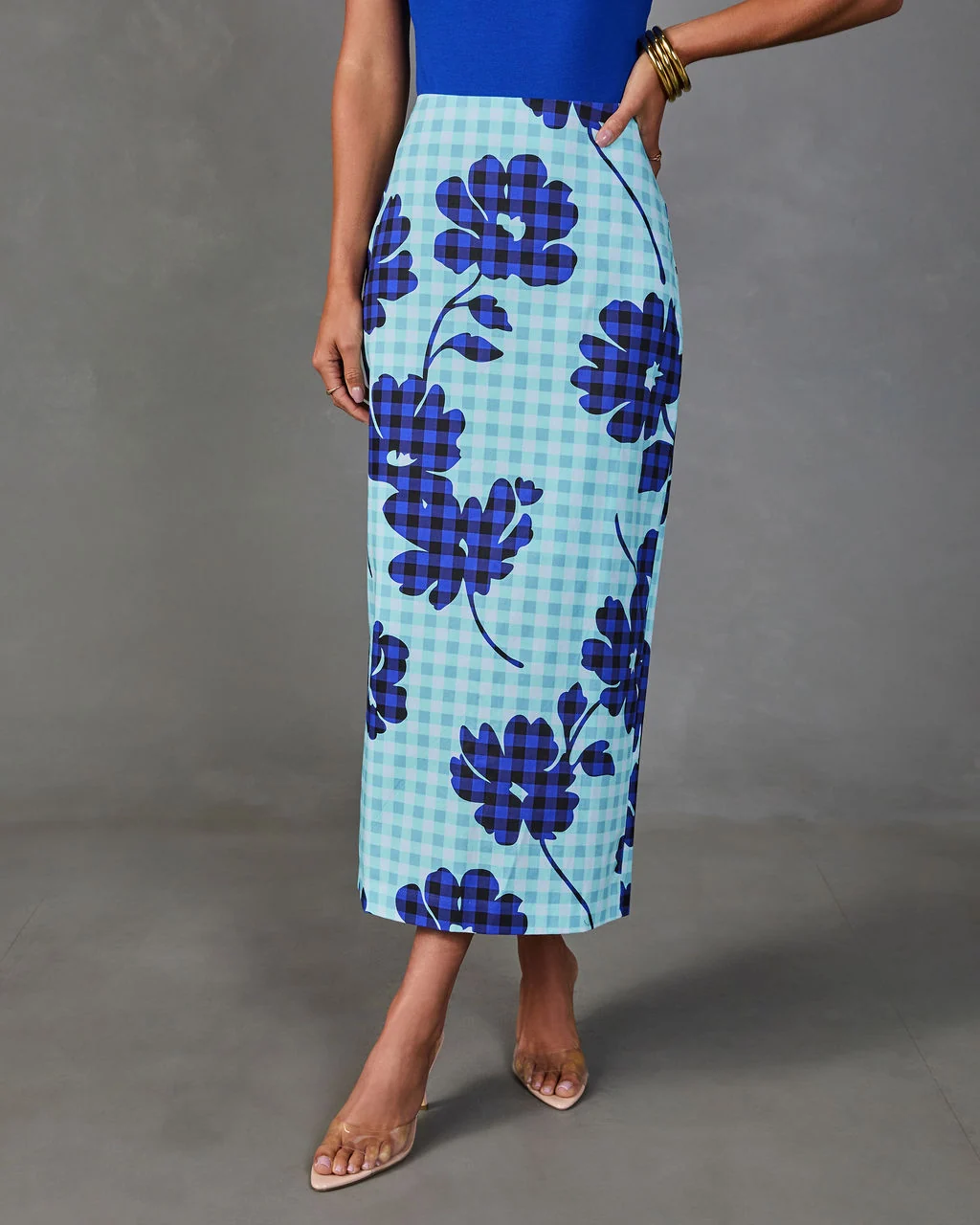 Checked Romance Floral Gingham Print Midi Skirt