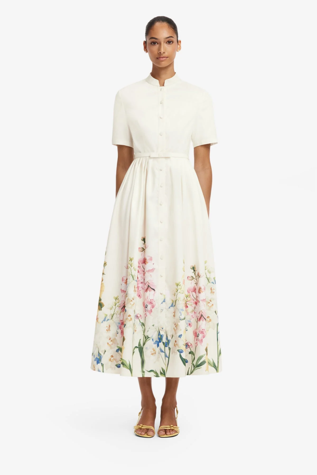 Bianca Short Sleeve Midi Dress - Snapdragon Print in Snow