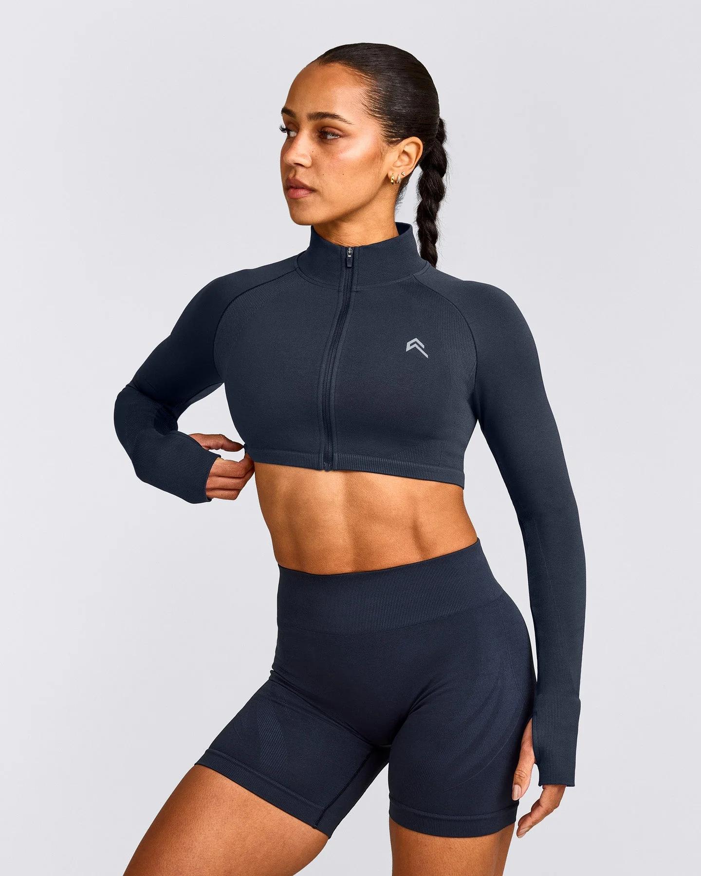 EnhanceLift™ Seamless Crop Jacket with Grey Logo | True Blue