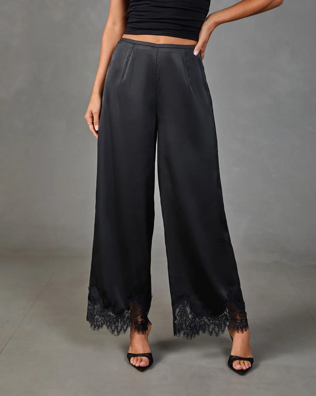 Soera Satin Wide Leg Lace Trim Pants