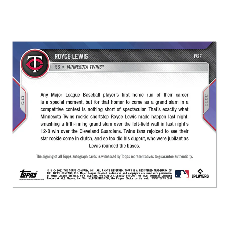 On-Card Auto # to 1 - Royce Lewis - 2022 MLB TOPPS NOW® Card 173F