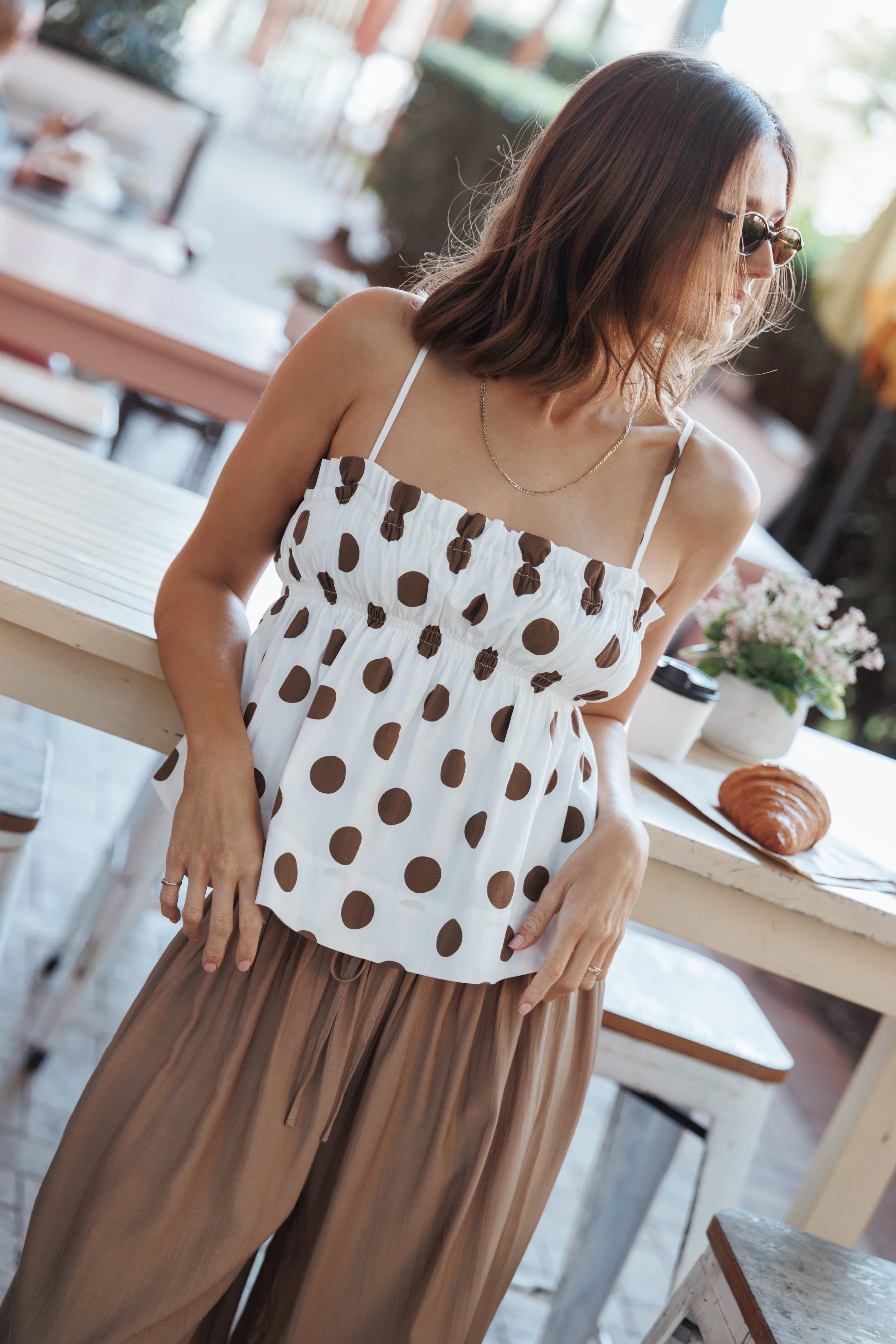 Yvaine Babydoll Top - Brown Polka Dot