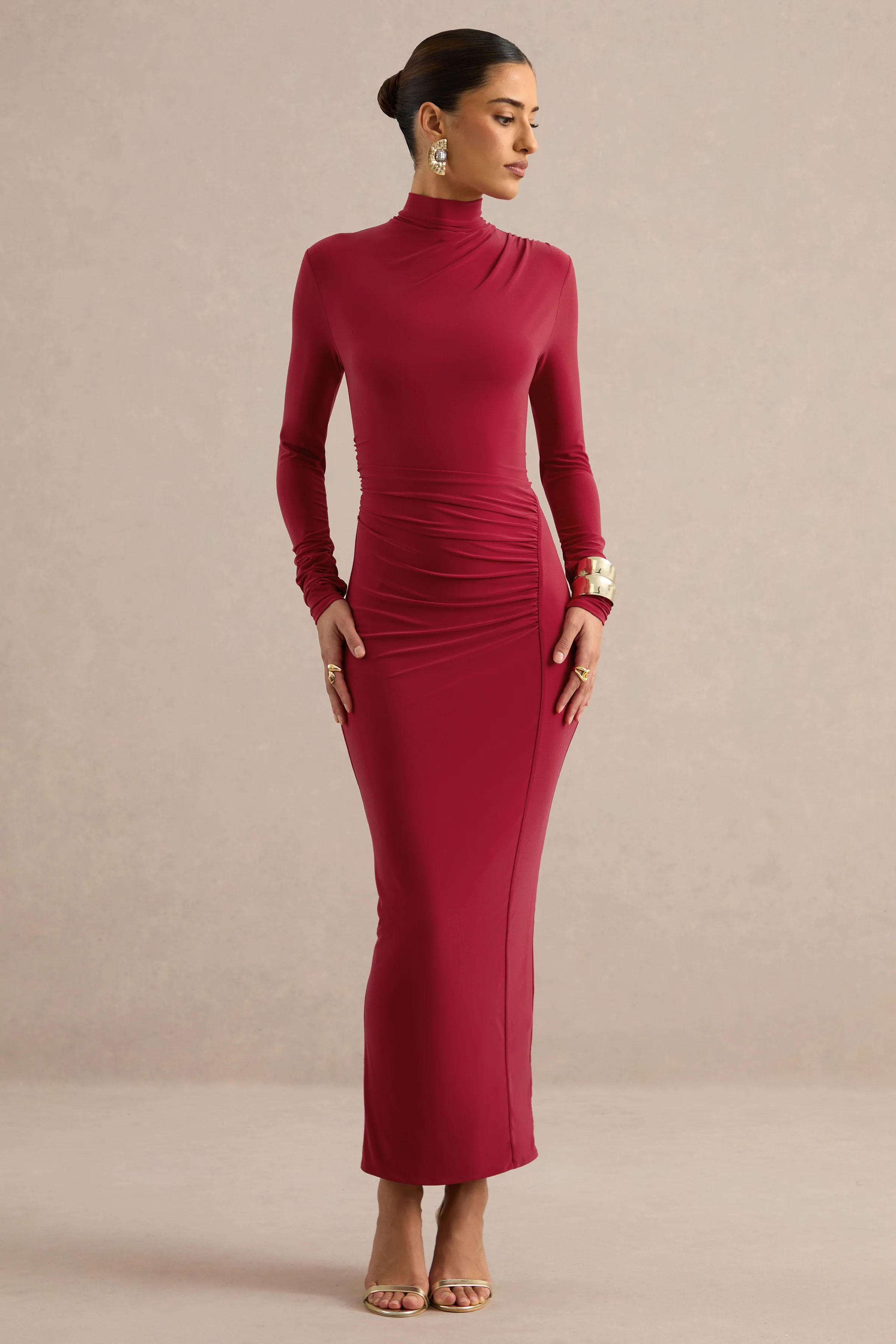 Erienne | Red Jersey High Neck Long Sleeve Maxi Dress With Gathered Detailing And Back Split