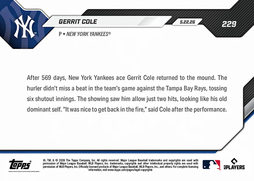 Gerrit Cole - 2026 MLB Topps NOW® - Card 229 - PR: 587