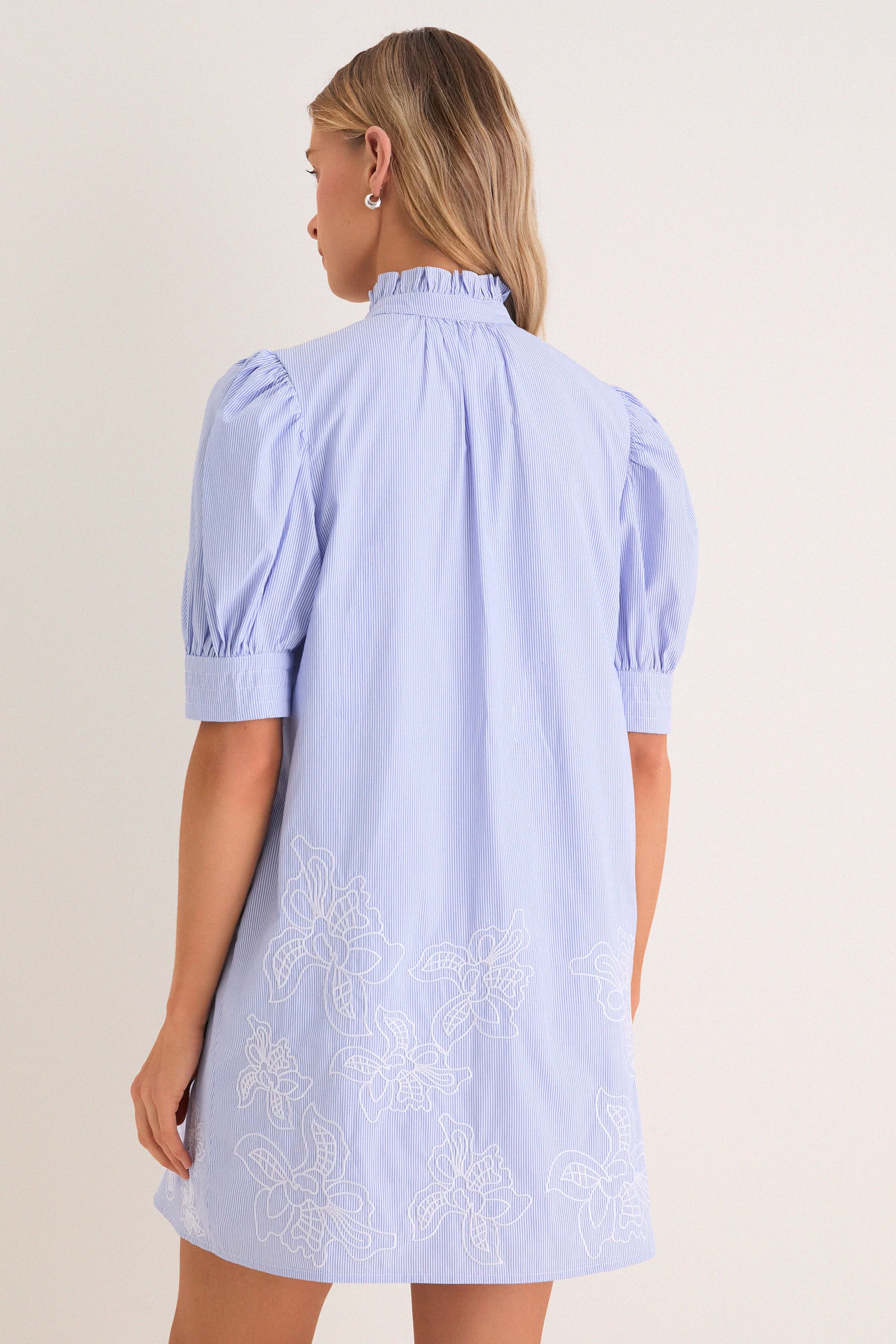 Blue Embroidered Pinstripe Louisa Mini Dress