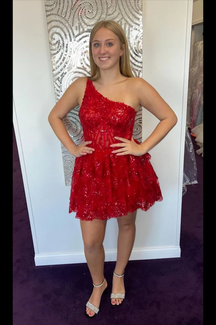 One Shoulder Black Appliques Ruffles Short Party Dress