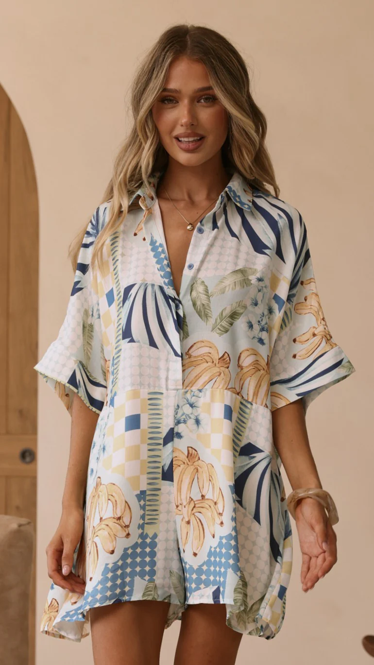 Farrah Playsuit - Blue/Yellow Print