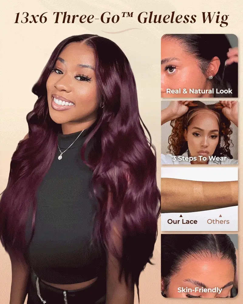 Ophirawig 13x6/6x5 Glueless Wig Dark Plum Body Wave Wig Invisible Knots Realistic Hairline