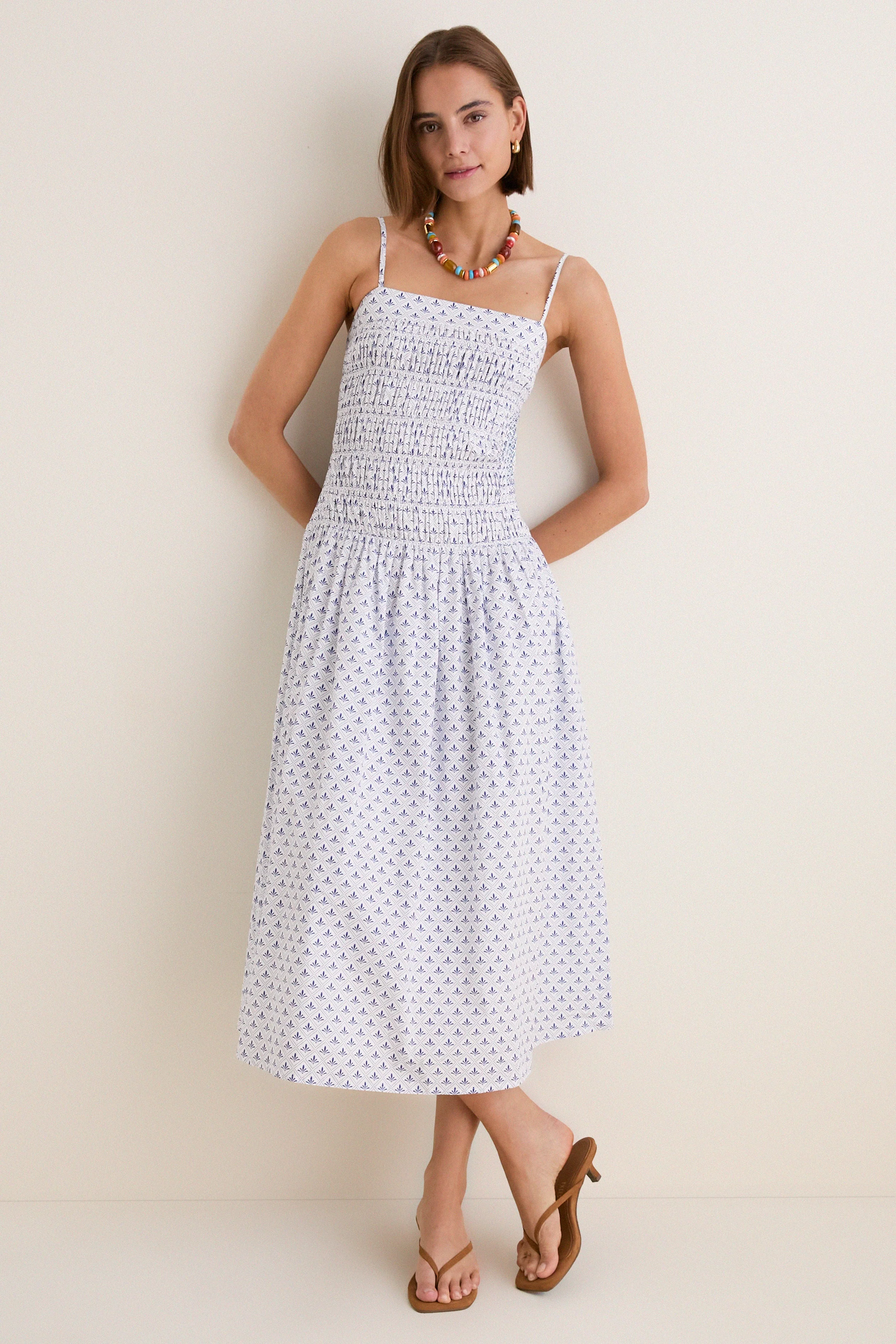 Blue & White Ditsy Tile Smocked Keeley Maxi Dress