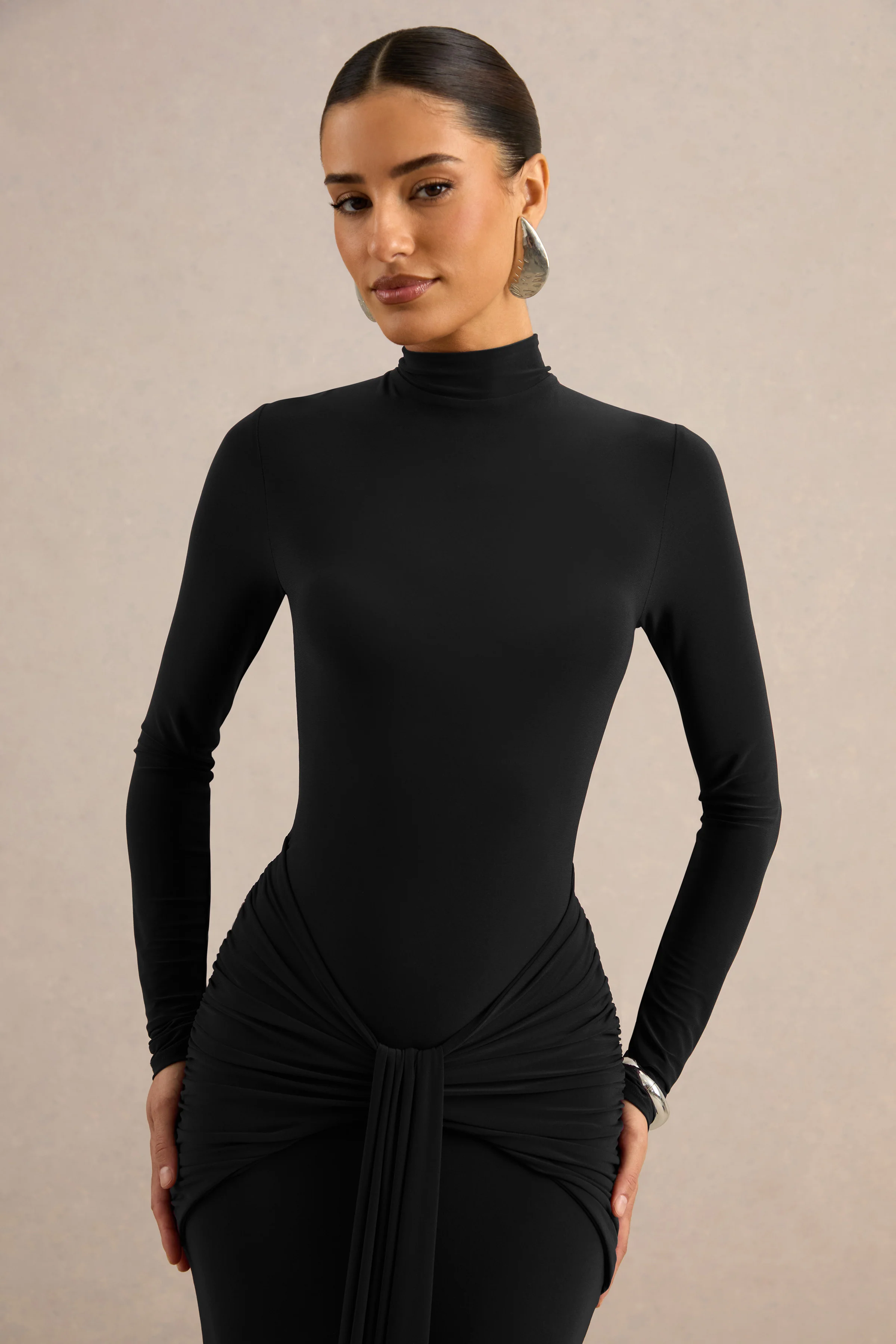 Seraphita | Black Jersey High Neck Long Sleeve Maxi Dress With Gathered Detailing And Sash