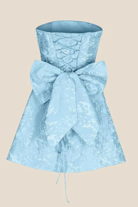 Strapless Blue Back Bow A-line Short Dress