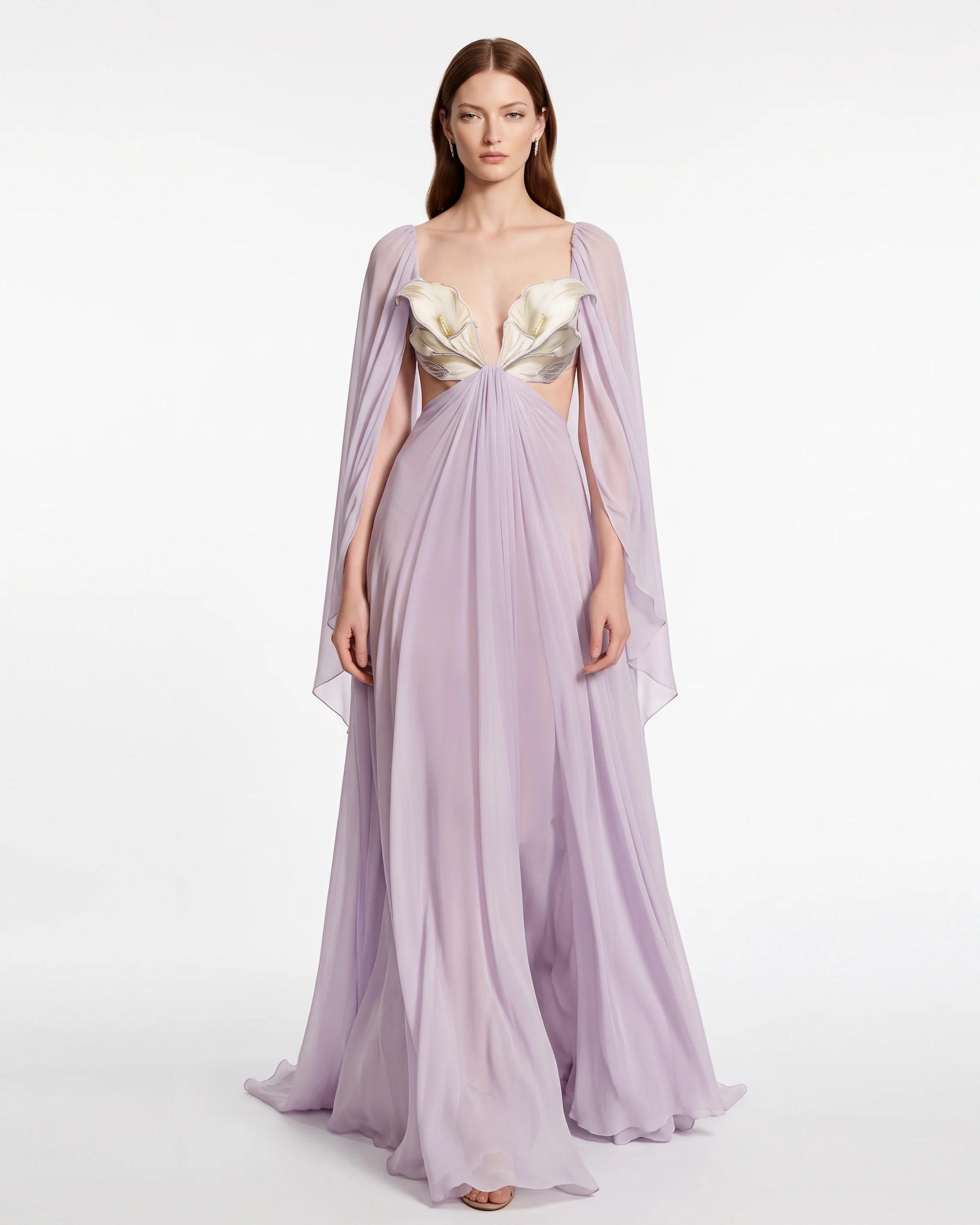 3D Floral Cape-Sleeve Chiffon Maxi Dress - Lavender