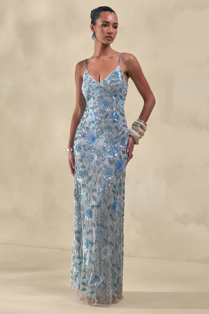 Gemini | Blue Embellished Strappy Maxi Dress