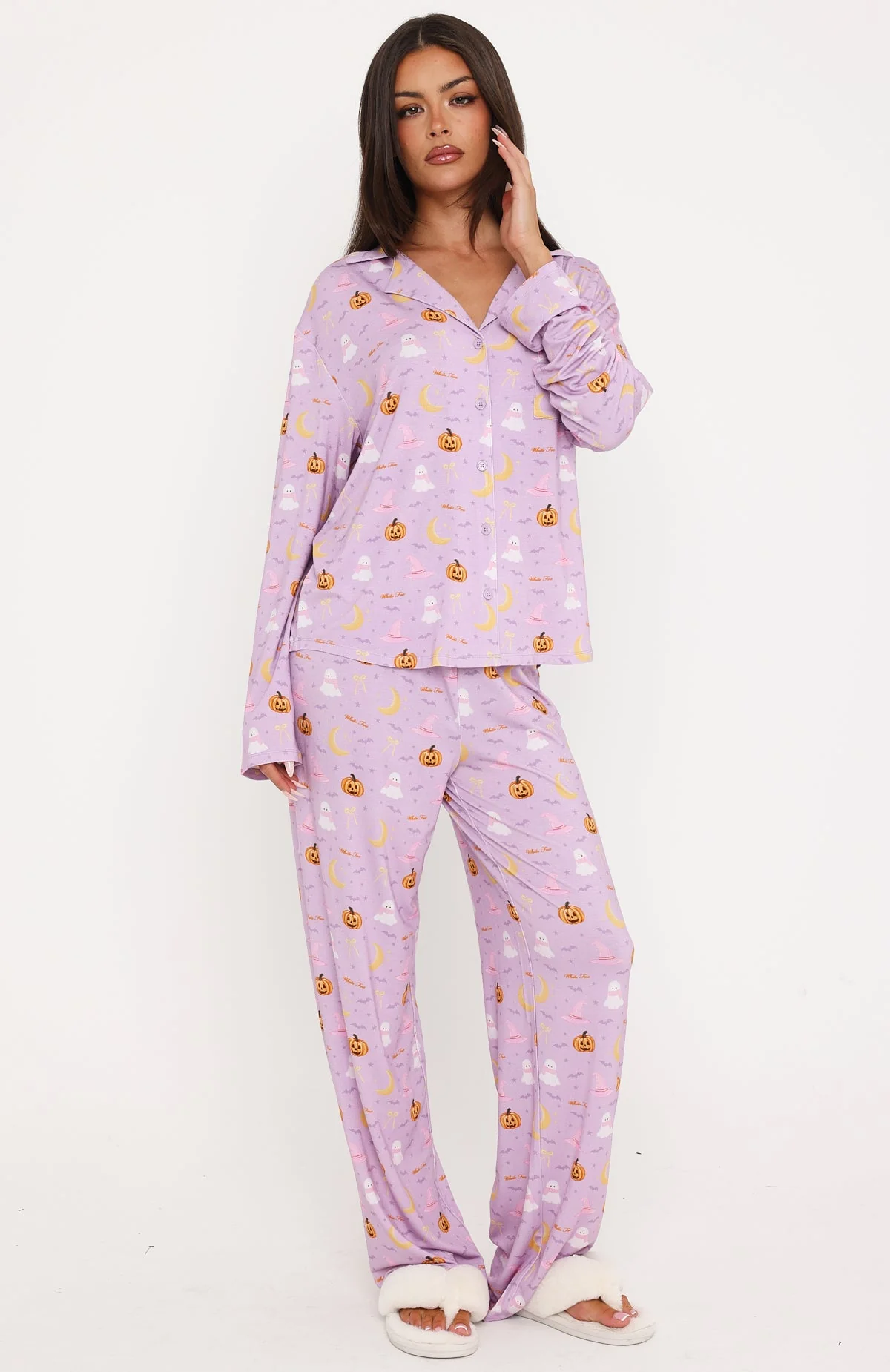 Pillow Talk Printed Long Sleeve Pyjama Set Lavender Haunt