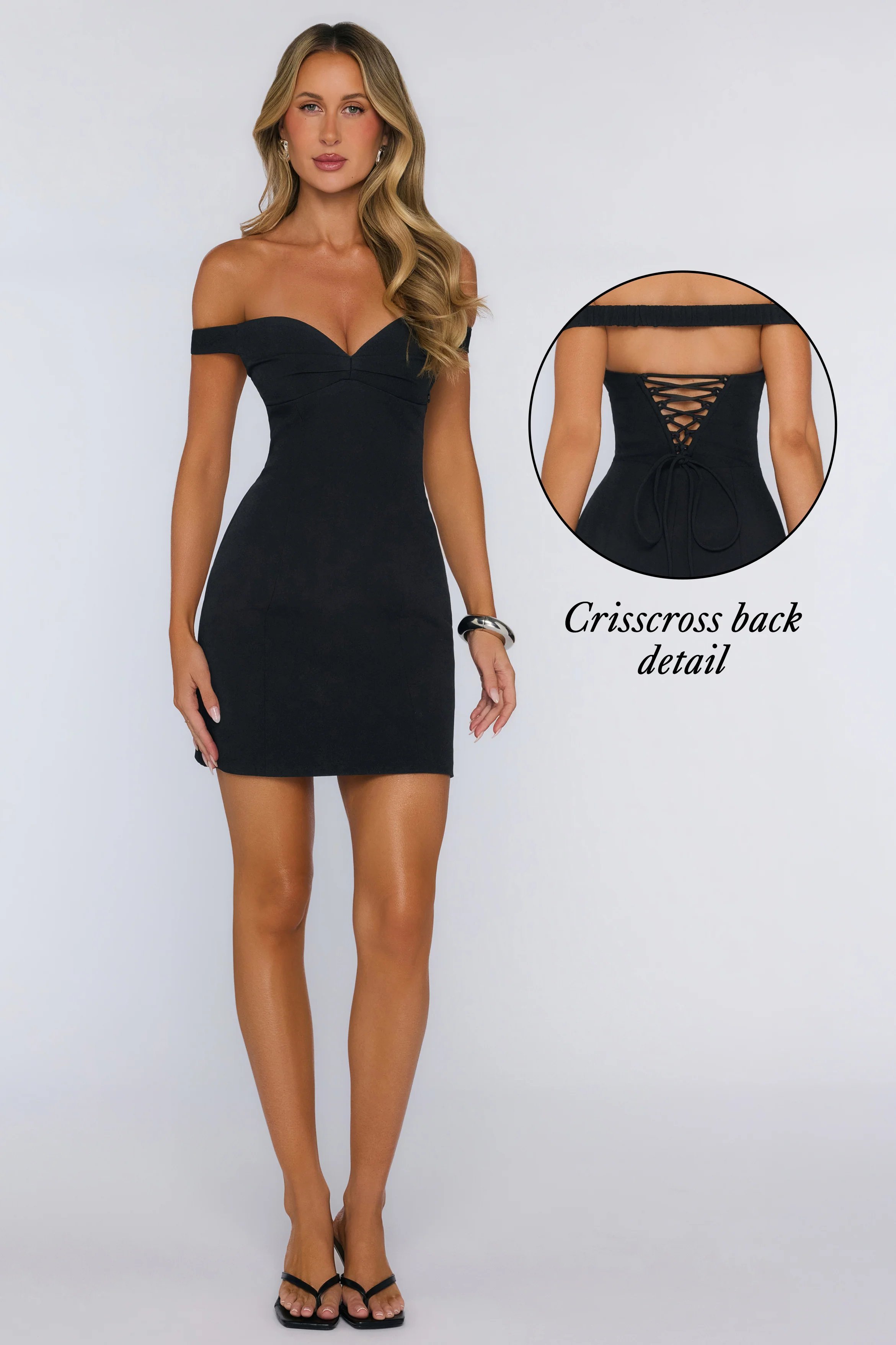 Crystal Evenings Off Shoulder Mini Dress Black