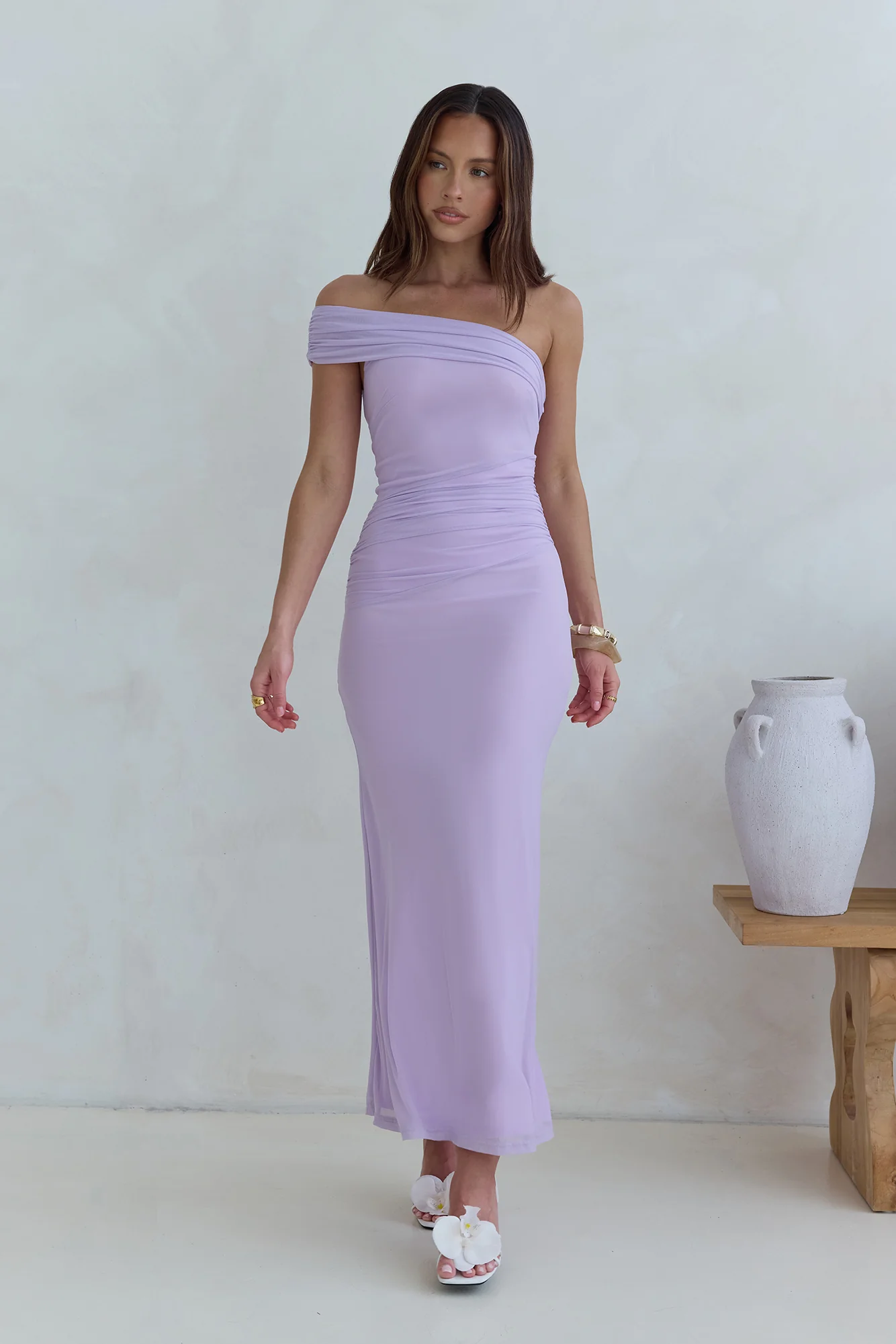 Dahlia One Shoulder Mesh Maxi Dress Lilac