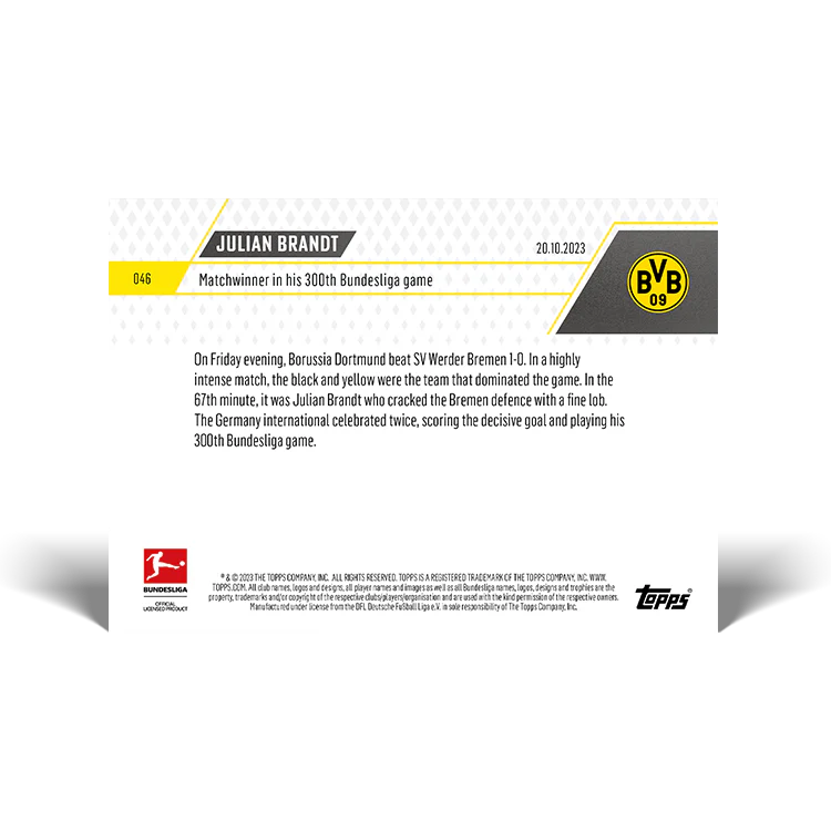 Topps UK - Julian Brandt - Matchwinner in his 300th Bundesliga game - Bundesliga TOPPS NOW® Card #46