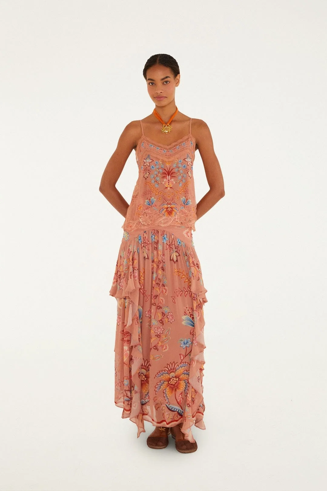 Mocha Boho Enhance Ruched Ruffled Maxi  Skirt