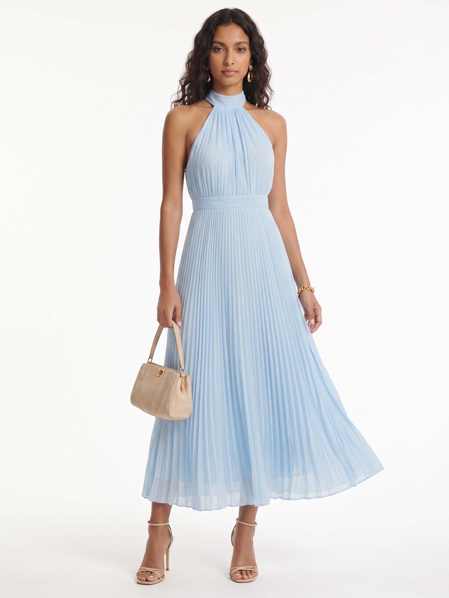 Sky Pleat Halter Midi Dress