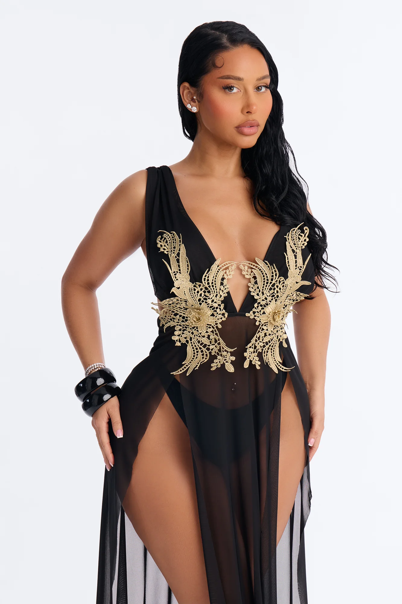 Leslie Applique High Slit Cover Up Dress - Black