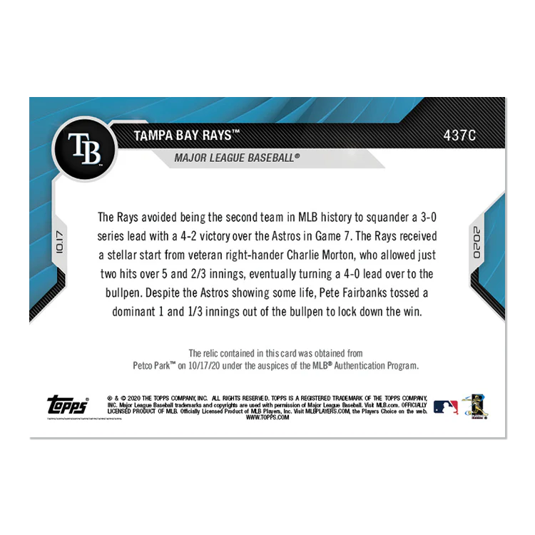 Game-used Base Relic # to 5 - Tampa Bay Rays - MLB TOPPS NOW® Card 437C