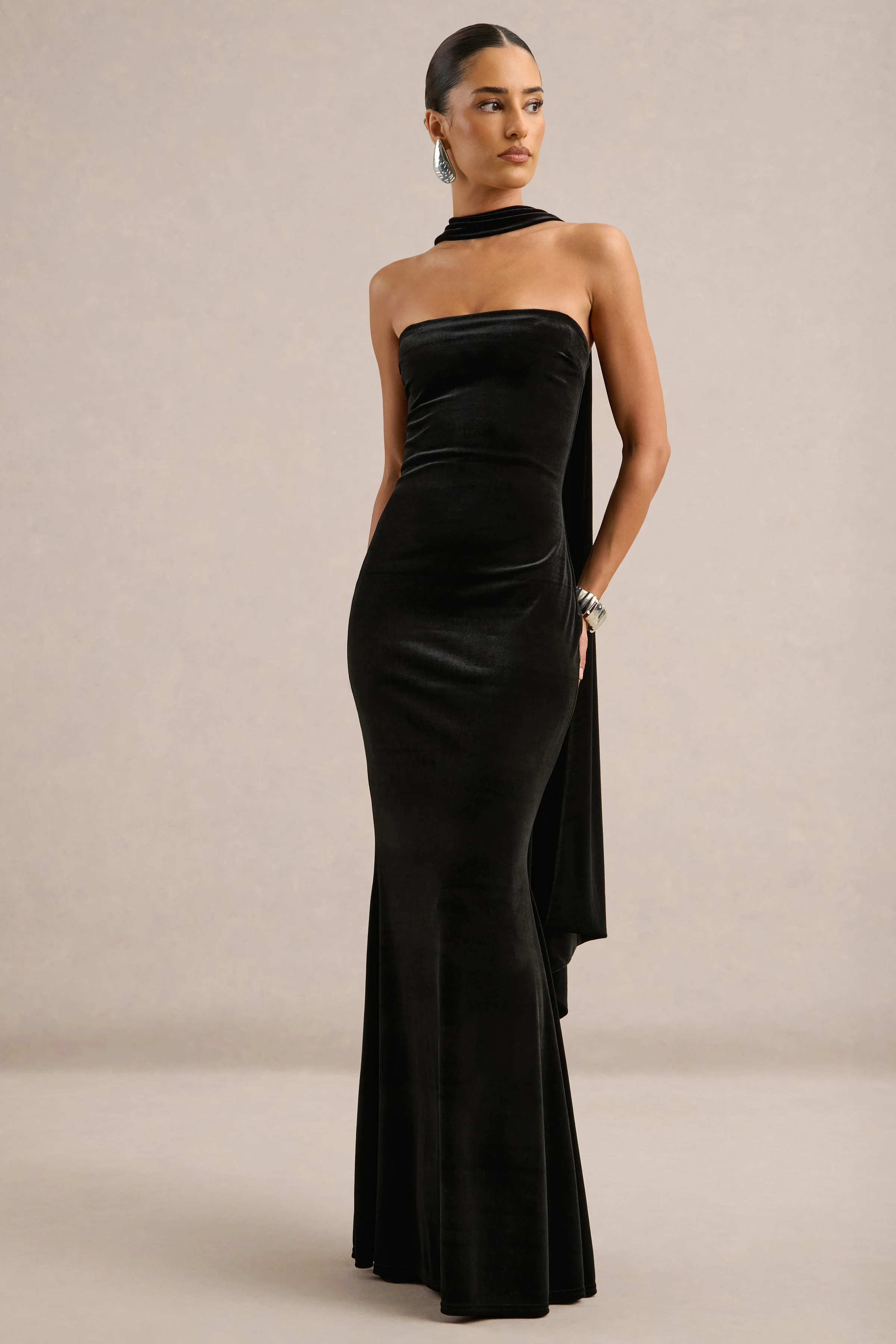 Vesperine | Black Velvet Bandeau Maxi Dress With Back Split And Scarf Detail