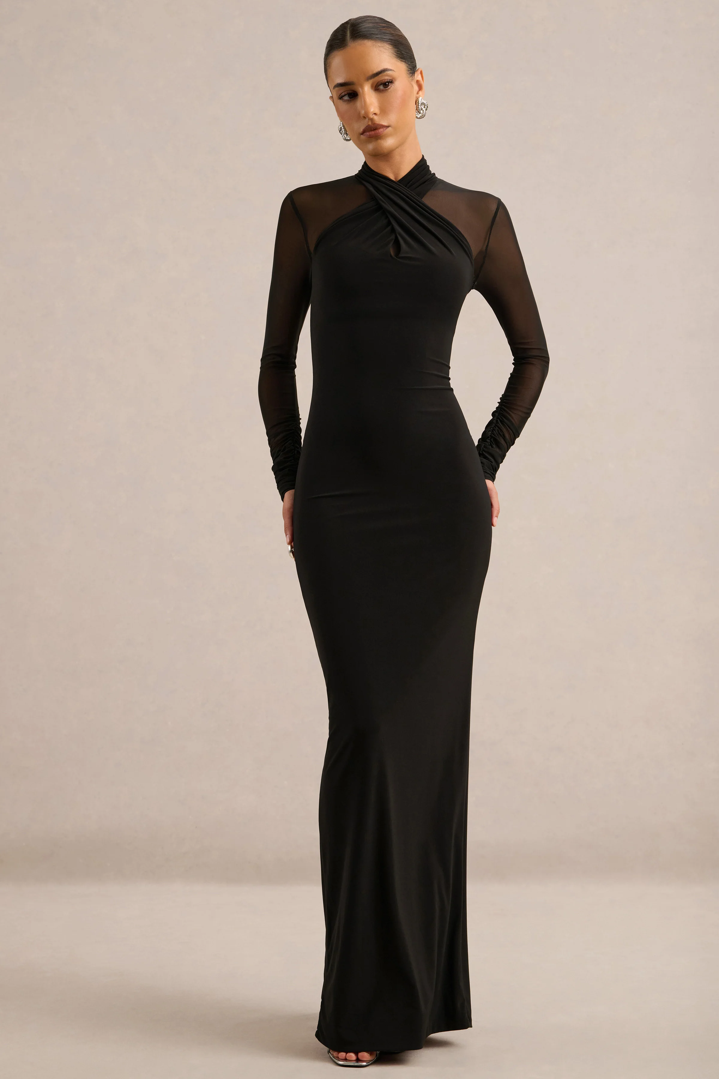 Fiorella | Black Jersey Wrap High Neck Maxi Dress With Mesh Sleeves