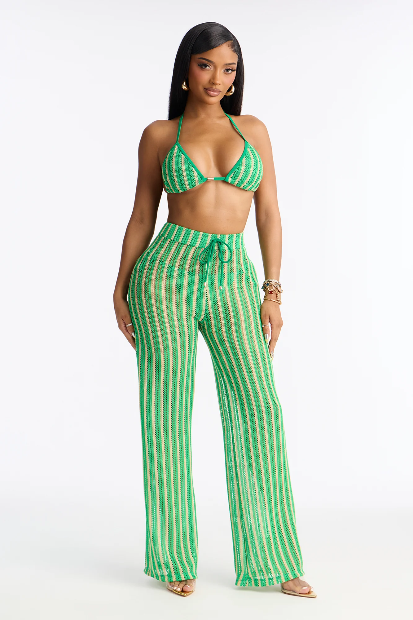Callie Crochet 3 Piece Bikini & Pants Set - Green/combo